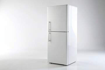 A white refrigerator stands alone on a white background captured from a high angle perspective, kitchenware, isolated, energy efficient, fridge, food storage, empty fridge