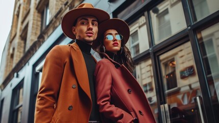 Obraz premium Photo of a cool young couple wearing hats and coats walking in the city.