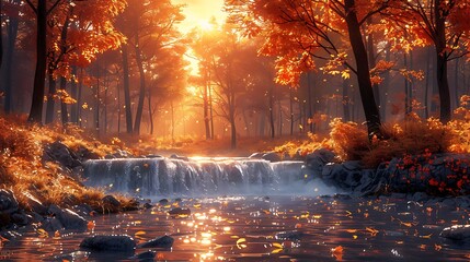 Autumn forest with a flowing stream