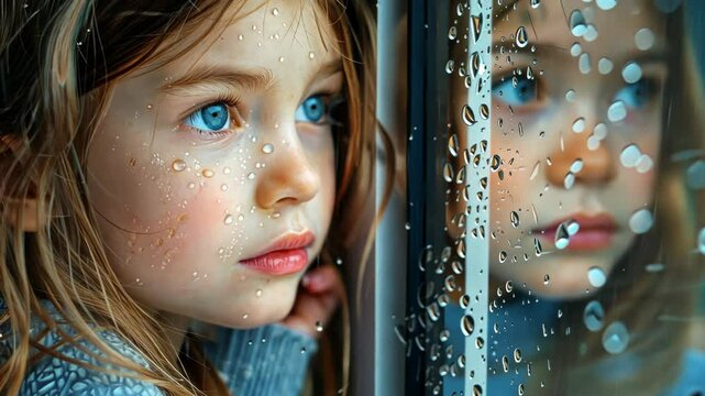 A lonely child gazes out the window on a rainy day, reflecting on her thoughts in the twilight