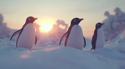 Obraz premium Three Penguins on Snow in the Arctic Sunset
