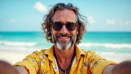 Middle-aged Caucasian man with long curly gray hair and a beard, wearing a yellow shirt, smiling and looking at the camera in front of a beach and ocean background