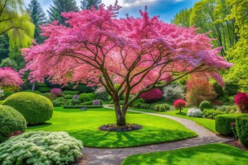 Obraz premium A beautiful serene garden with vibrant green foliage and a stunning pink tree in the background, tranquil,garden, scenery, colorful, outdoors, flowers, spring, botany, beauty, plant, nature