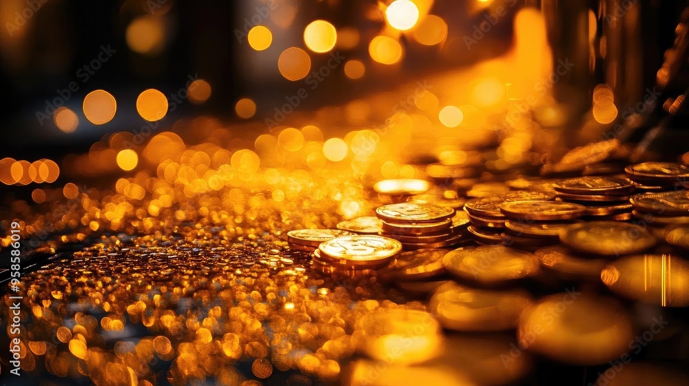 Aufkleber close-up of shiny coins reflecting warm light, creating an enchanting atmosphere of wealth and abund