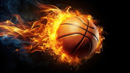 Obraz premium sport, black background, athletics,basketball, passion, energy, low angle, heat, Basketball ball engulfed in fiery flames viewed from a dramatic low angle against a black background