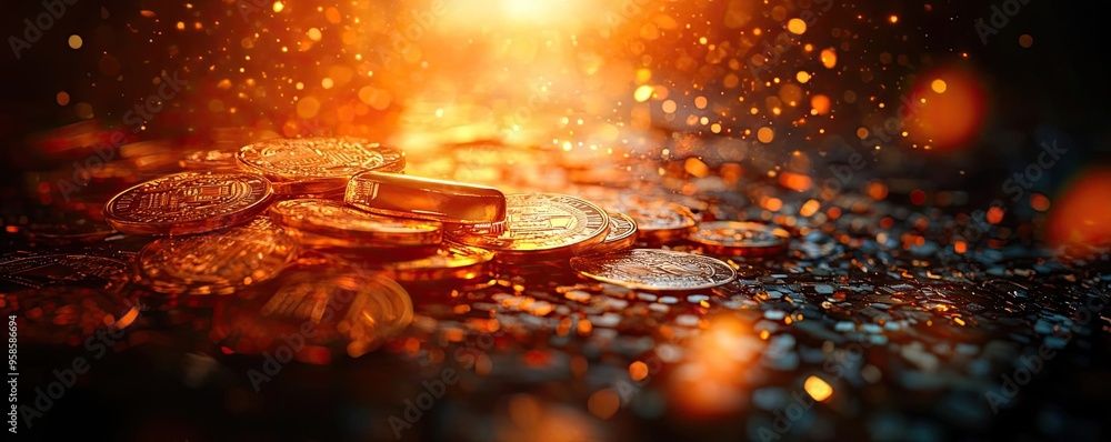Poster a shimmering display of coins illuminated by a warm, glowing light, creating a captivating atmospher