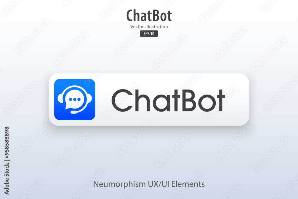 Poster Chatbot button. Support service by AI. 3D button element design for apps, websites, interfaces, and mobile apps. UI UX. Artificial intelligence technology. Vector illustration.