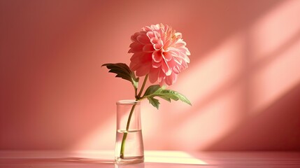 Obraz premium A single pink dahlia in a glass vase. Perfect for showcasing beauty, simplicity, and elegance.