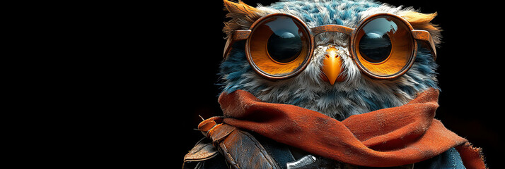 Cool owl with glasses and red scarf showcasing stylish look against dark background with enigmatic vibe