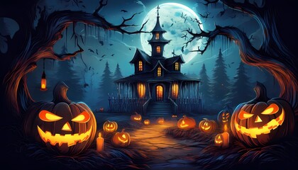 Halloween party invitation featuring a spooky haunted house and glowing pumpkins.