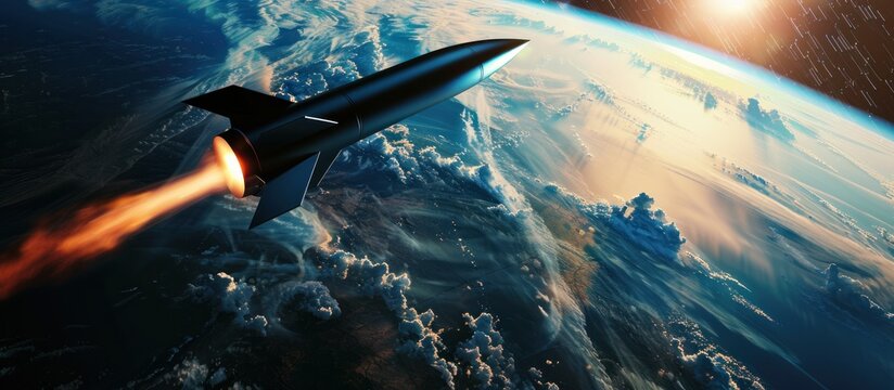hypersonic missile attack. A fighter rocket flies above the earth
