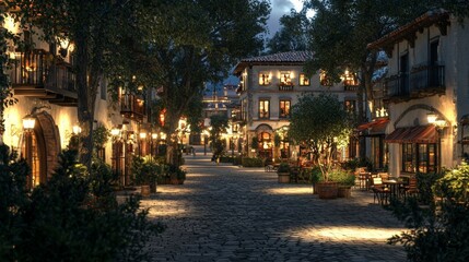 Fototapeta premium Romantic Evening Street Scene in a Historic European Town