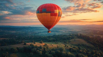 Fototapeta premium Hot Air Balloon Soaring Above a Rural Landscape