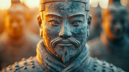 Close up of Terracotta Army Warrior Face in Golden Light