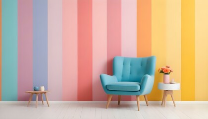 A teal blue armchair with wooden legs in front of a colorful striped wall in pastel shades of pink, orange, and yellow.