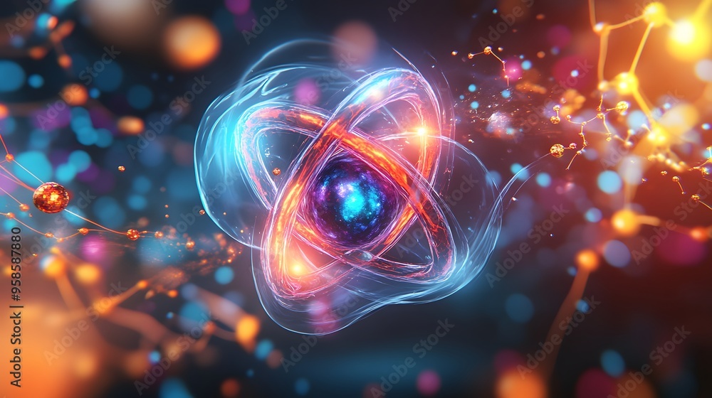 Poster 44. creative rendering of a toxic atom surrounded by vibrant, dynamic molecular patterns