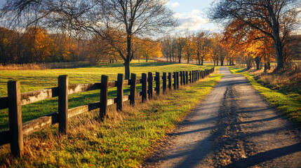 Obraz premium A scenic country road lined with a wooden fence, passing through green fields and colorful autumn trees under a bright blue sky. 