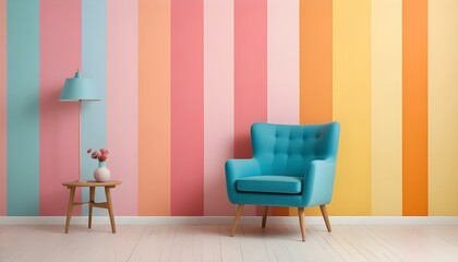 A teal blue armchair with wooden legs in front of a colorful striped wall in pastel shades of pink, orange, and yellow.