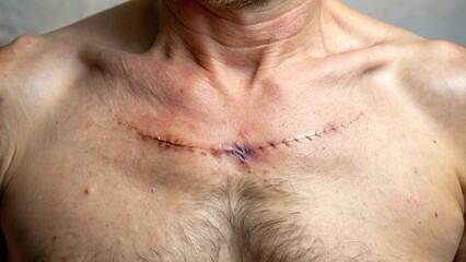 Naklejka premium medical, surgical procedure, surgical incision, chest scar, surgery scar, scar tissue, postoperative, cardiac, healthcare concept, Surgical scar on the chest with a tilted angle