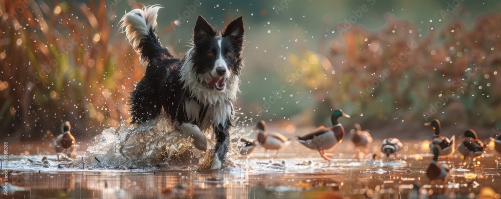 Wall mural Agile Border collie herding ducks in pond, 4K hyperrealistic photo