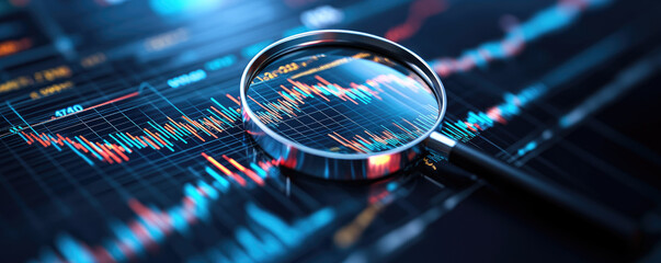 Detailed analysis of economic trends featuring a magnifying glass over a falling interest rate chart, highlighting critical financial insights and implications.