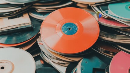 Fototapeta premium Exploring the Vibrant Music Tapestry of the 2000s: A Colorful Collection of Vinyl Records Stacked Together