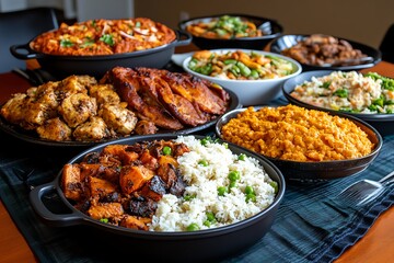 Obraz premium Gluttony, multiple servings, extra helpings transform a meal into a feast of excess