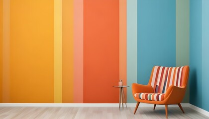 Colorful striped wall with an orange chair in the foreground.