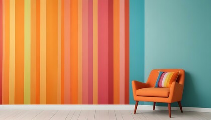 Colorful striped wall with an orange chair in the foreground.