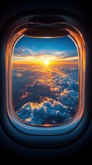Fototapeta premium A stunning sunset view from an airplane window, showcasing vibrant colors and clouds.