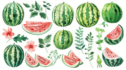 A collection of watercolor illustrations featuring whole and sliced watermelons accompanied by botanical elements like flowers and leaves.