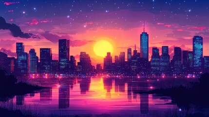 Fototapeta premium Sunset Skyline Over a City Reflecting in a Still Lake