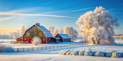 icy, tranquil, winter farm, glistening, Farm barn and house standing in a serene winter landscape covered with glistening snow and frost reflecting the enchanting Swedish winter scenery