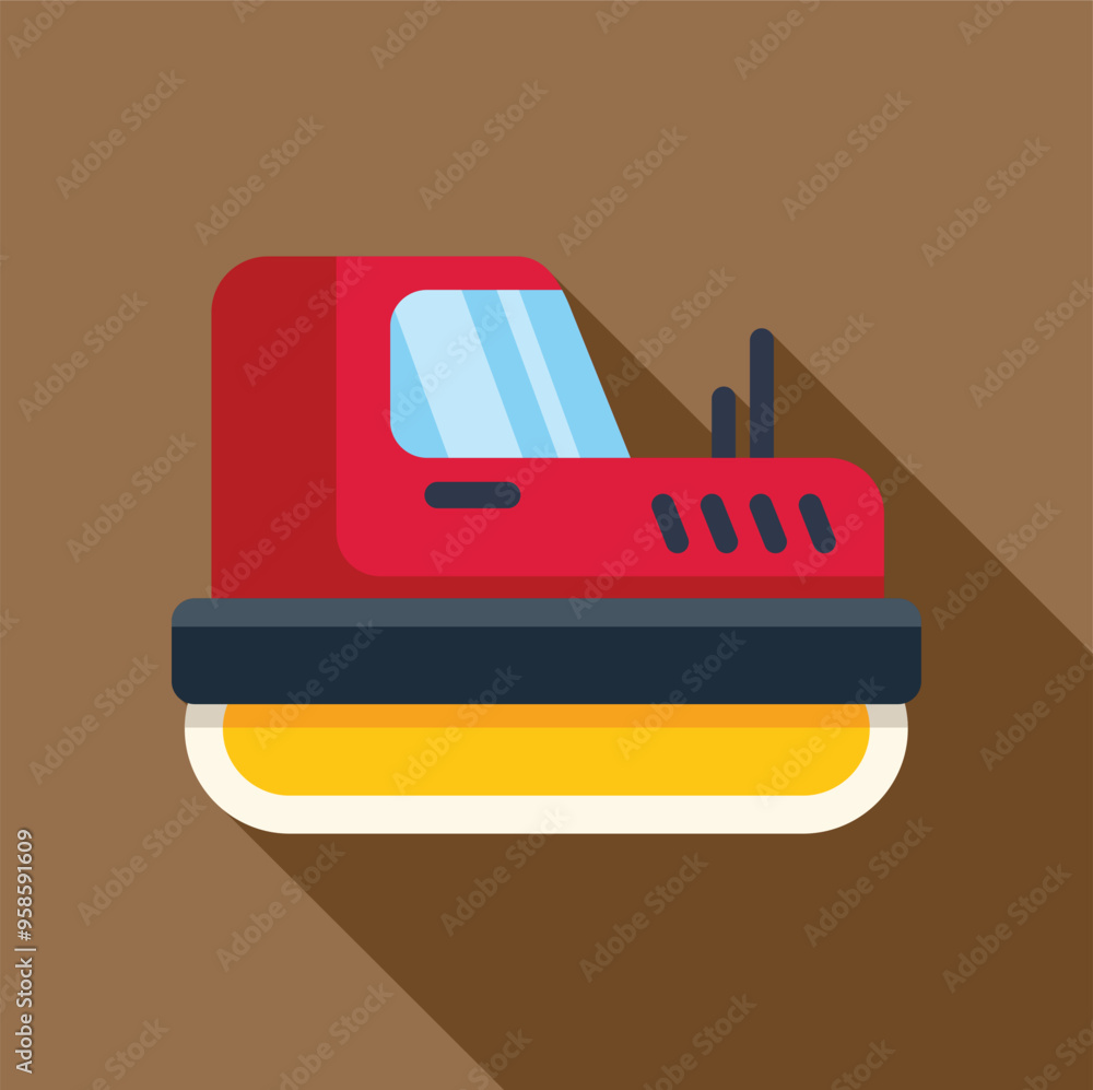 Poster minimalist vector illustration of a red hovercraft floating on a cushion of air, isolated on a brown
