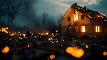 Nighttime scene of a house destroyed by a natural gas explosion, debris scattered with faint flames still flickering, cinematic lighting, for insurance purposes