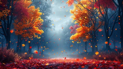 Obraz premium Autumn forest with falling leaves