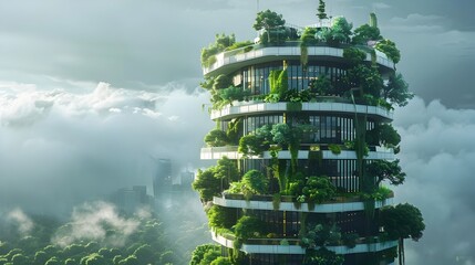Futuristic Skyscraper with Vertical Farming Floors Showcasing Urban Agriculture and Sustainable Living Concept