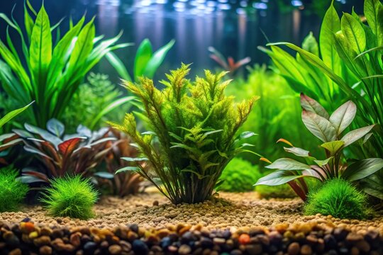 A close up view of a beautifully arranged planted freshwater aquarium with lush Java Fern plants creating a serene and minimalist aquascape, aquatic hobby, lush greenery, aquascape