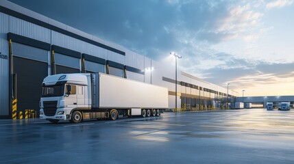 Logistics Center at Sunset with Trucks and Trailers Docking at Loading Bays