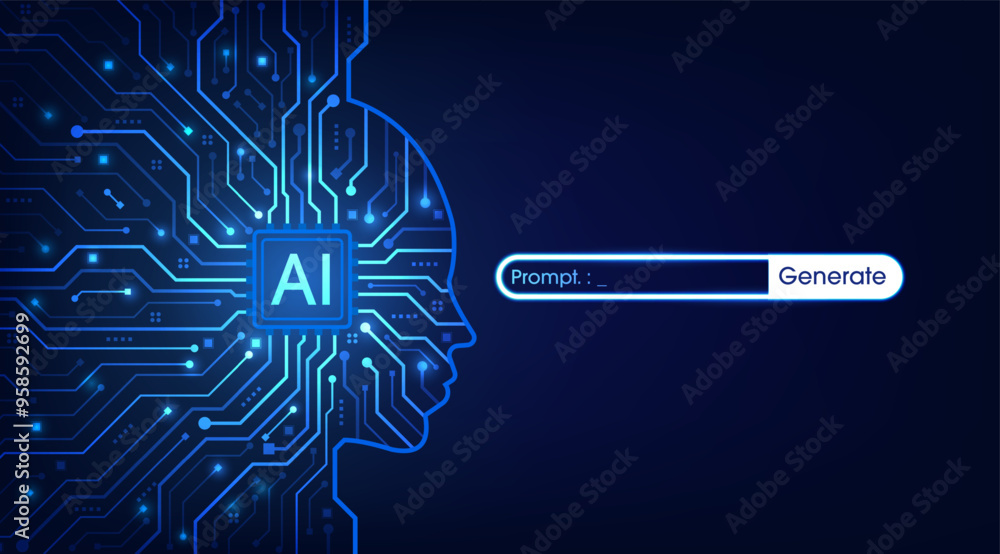 Poster Electronic brain with generative bar. Artificial intelligence technology concept. Human head outline with a circuit board. Circuit board. Vector illustration for web, banner and template.
