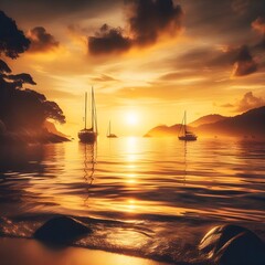 Golden Sunset over a Calm Ocean with Silhouetted Sailboats
