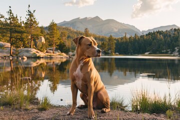 brown pitbull dog sitting on shore of lake in park with mountain on background