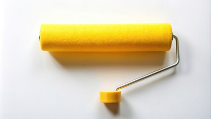 A symmetrical yellow rubber paint roller is placed on a plain white background, white background, interior design, tool, home improvement, renovation, renovation project, construction