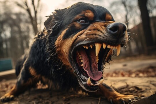 aggressive dog with mouth open and teeth bared, showing its teeth