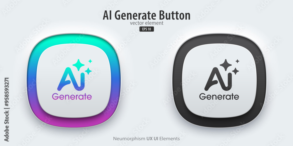 Poster Set of generative AI buttons. Active and inactive buttons with generated icons. Push the button to create ideas. Neumorphism design style for apps, websites, and Interfaces. Vector illustration.