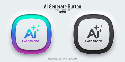 Set of generative AI buttons. Active and inactive buttons with generated icons. Push the button to create ideas. Neumorphism design style for apps, websites, and Interfaces. Vector illustration.