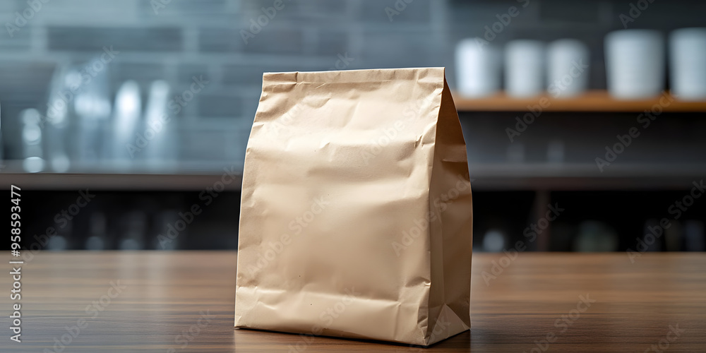Poster empty plain brown paper bag for lunch or food sits isolated on a table with ample space for writing 