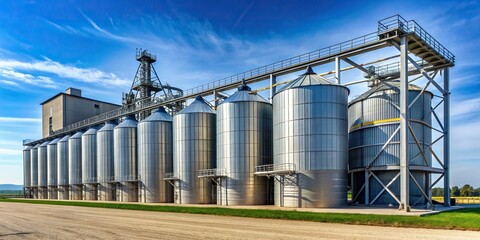 Fototapeta premium A medium shot of a modern plant used for the drying and storage of grain, crop, facility, modern, industrial, processing, silo, agriculture, harvest, production, plant, machinery,grain