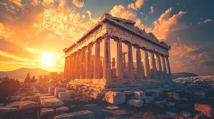 Obraz premium Majestic Parthenon Temple at Dramatic Sunset in Athens Greece