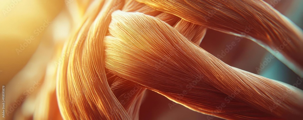 Poster close-up view of intertwined muscle fibers showcasing texture and color details under soft lighting.